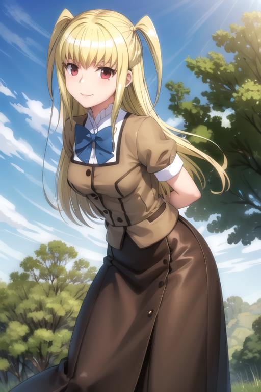 (extremely detailed CG unity 8k wallpaper), (masterpiece), (best quality), (ultra-detailed), (best illustration), (best shadow), (absurdres), 1boy, solo, <lora:mariya:0.8>, mariya shidou, red eyes, school uniform, (long skirt, brown skirt:1.2), black thighhighs, blue bowtie, outdoors, trees, sky, detailed background, looking at viewer, smile, arms behind back, leaning forward, foreshortening