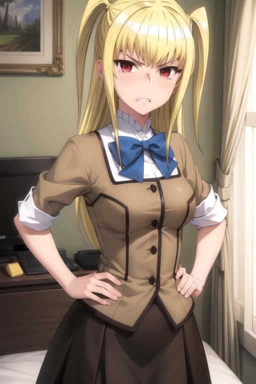 (extremely detailed CG unity 8k wallpaper), (masterpiece), (best quality), (ultra-detailed), (best illustration), (best shadow), (absurdres), 1boy, solo, <lora:mariya:0.8>, mariya shidou, red eyes, school uniform, blue bowtie, bedroom, angry, looking at viewer, looking down, hands on hips, clenched teeth, scowl, low angle, foreshortening, upper body