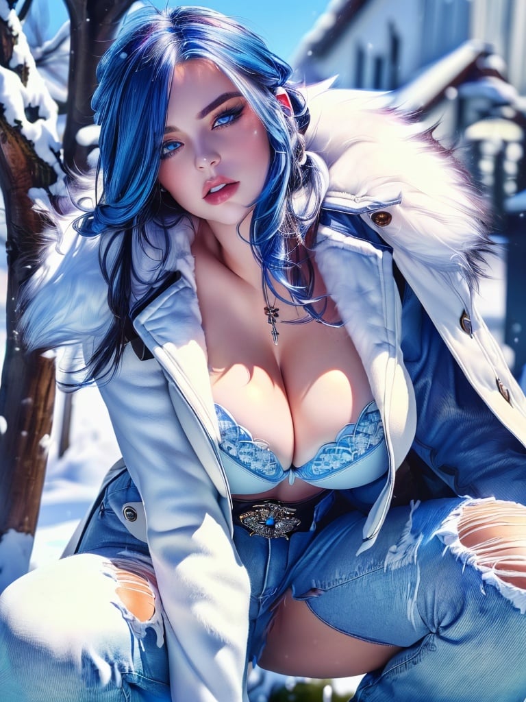 1girl, tri color hair, , fur coat, blue eyes, big breasts, white bra, (((blue jeans))), wide hips, snowing, female focus,(((on knees))), ((best quality)), ((masterpiece)), ((ultra-detailed)), ((detailed background)),

