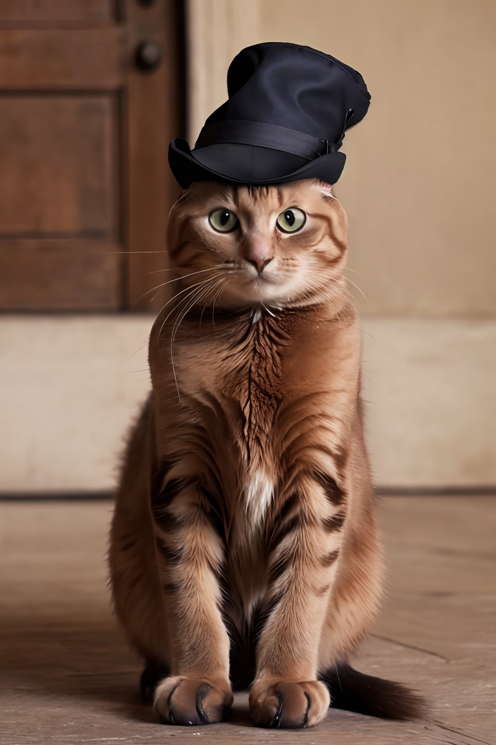 (absurdres, highres, ultra detailed, high resolution:1.1), cat, realistic, non-human, hairy, hat, cute, full body, (dressed animal, clothed animal:1.2),