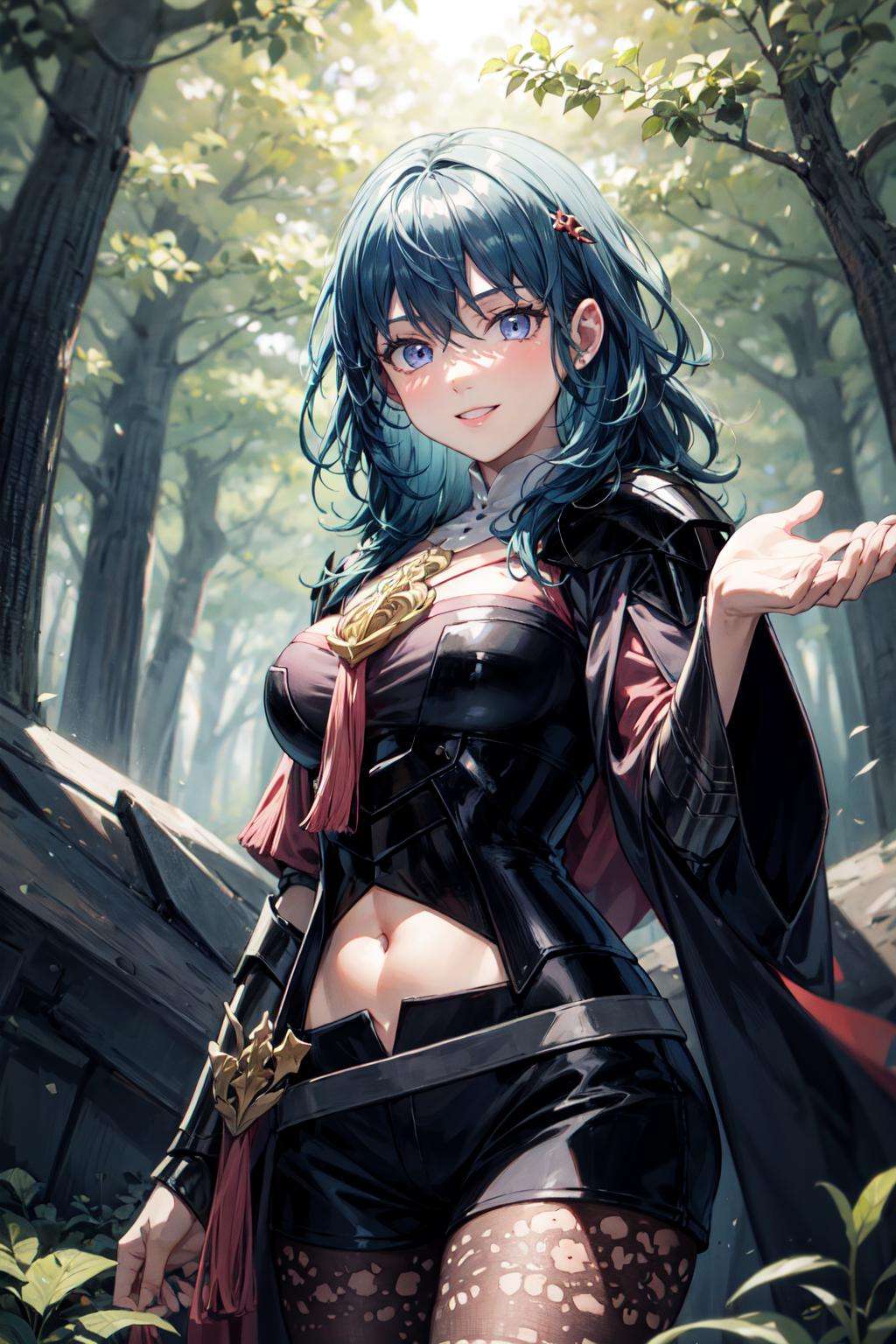 byleth ,1girl, solo, blue hair, blue eyes, hair between eyes, armor, shorts, navel, pantyhose, print legwear, <lora:byleth-15:1>, standing <lora:add_detail:0.7>, forest, trees, smile, facing viewer, 