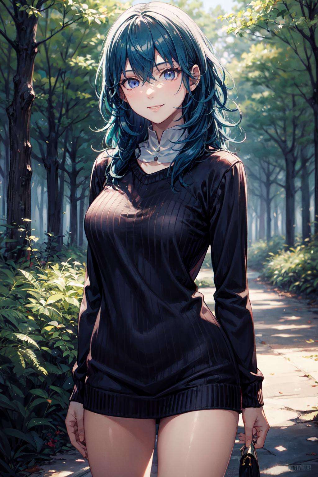 byleth ,1girl, solo, blue hair, blue eyes, hair between eyes, sweater_Dress, thighs, turtleneck sweater, long sleeves,  <lora:byleth-15:1>, standing <lora:add_detail:0.7>, forest, trees, smile, facing viewer, arms behind back, 