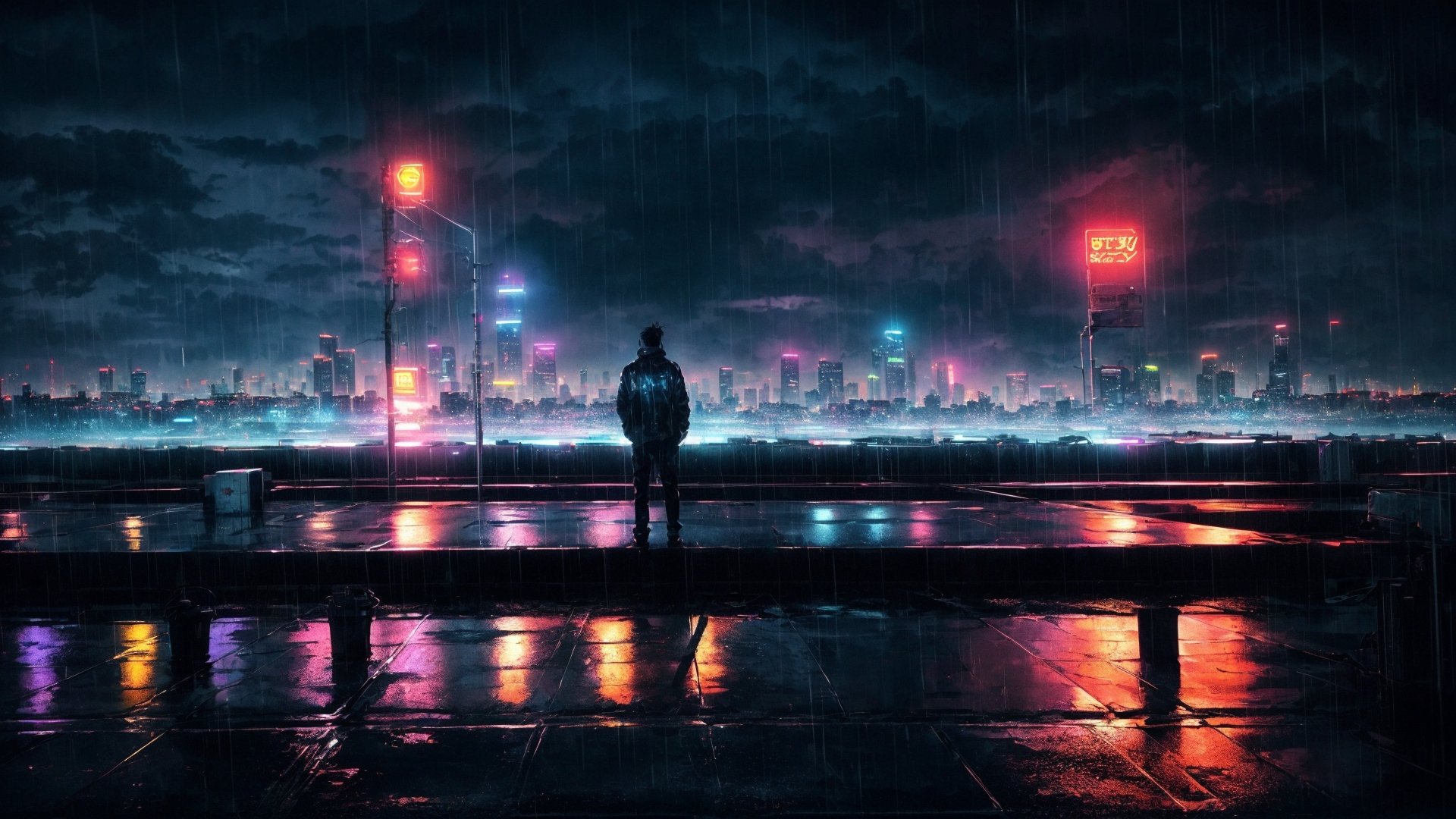 (masterpiece), (ultra detailed), (realistic), (50mm), (prime lens), 1boy, standing top of building, night city, neon light, buildings, beautiful view, raining, water drops, dynamic angle, lofi,EpicSky,ink scenery,6000,cyberpunk style, The sea exposed to nuclear radiation,