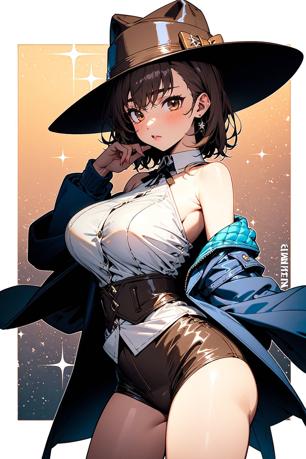 illustration by huge, 1girl,galaxy, leg_spread,cowgirl outfit,cowboy hat,nebuwear,misaka_mikoto,little breast,off-shoulder,a hand holding hat ,twilight