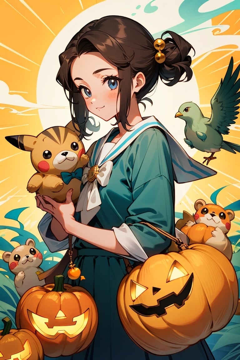 chick,too_many,stuffed_toy,stuffed_animal,stuffed_cat,:3,dog,hamster,teddy_bear,cat,ghost,bird,pokemon_\(creature\),kero,pumpkin,pikachu,jack-o'-lantern,bear,Kamado_Nezuko,WZRYbuzhihuowuYP,sailor moon,1girl,女帝,One piece