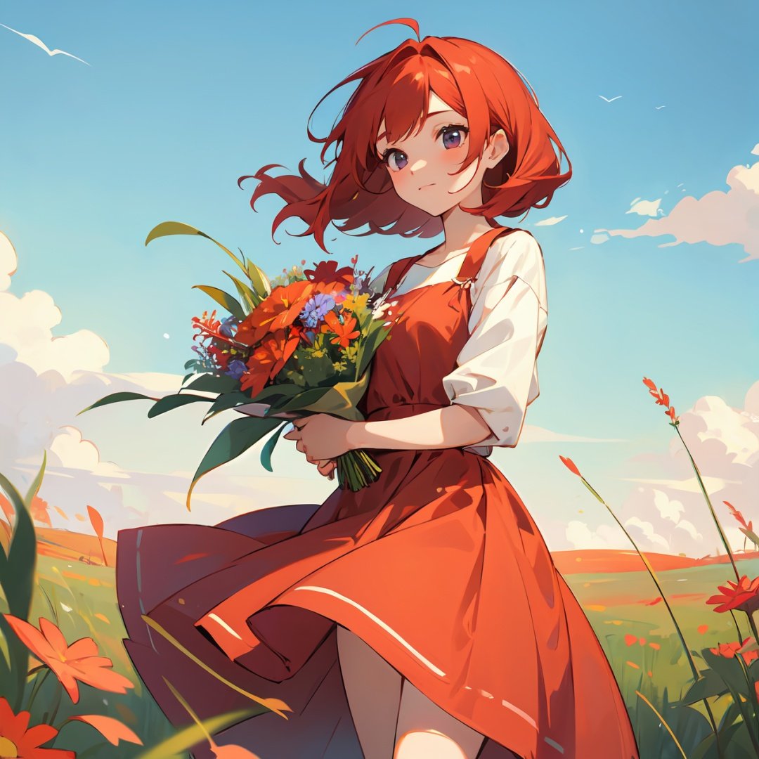 illsutration of girl with bright red hair, wearing a sundress and holding a bouquet of wildflowers, standing in a field of tall grass with a soft breeze blowing through, close up. BREAK, the scene should capture the whimsical and carefree style of Sakimichan, with a sense of peace and tranquility in the air.