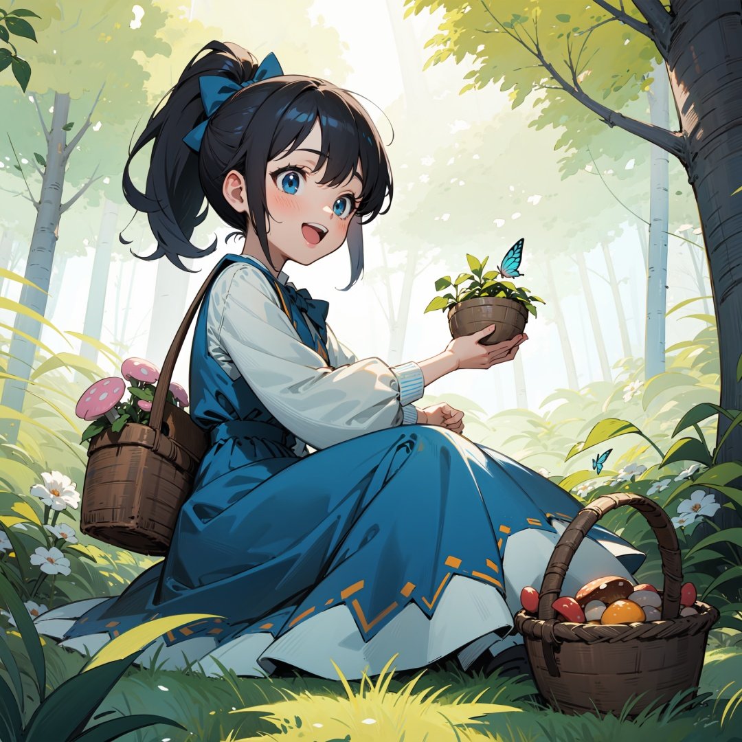 This illustration is filled with the joy and joy of childhood. (1 happy little girl), a little girl picking mushrooms, holding a large basket, blue dress, ponytail tied, bow tied, in the forest, picking mushrooms and small flowers. The sky is azure, and the sunlight is very bright. The entire picture is full of innocence and vitality, with side descriptions in the style of Hayao Miyazaki,full body,chibi,butterflies