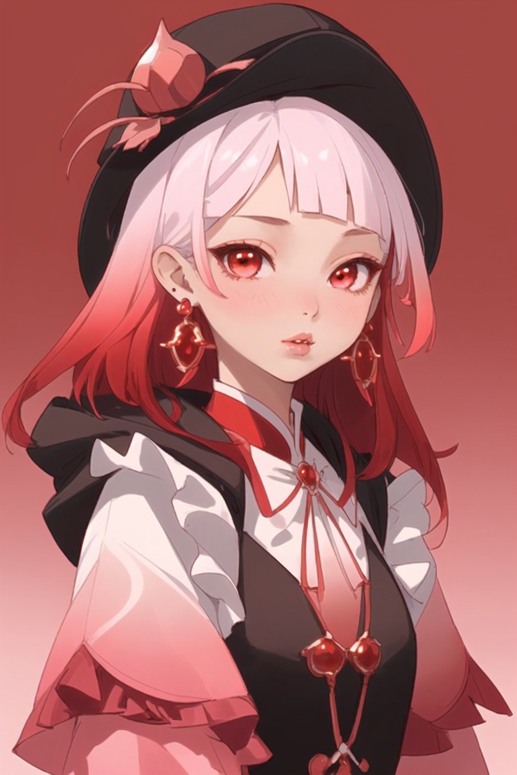 wanxiang,1girl, earrings, red_background, jewelry, solo, looking_at_viewer, upper_body, frills, hat, lips, clothes_writing, gradient, hood, gradient_background, nose, bangs