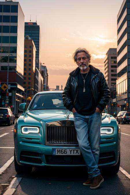 (dynamic pose:1.2),(dynamic camera),homeless man driving a rolls-royce, RAW photo, full sharp, (FullHD epic wallpaper) 8k uhd, dslr, soft lighting, high quality, film grain, Fujifilm XT3