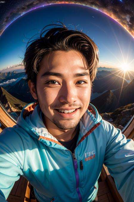 (selfie, fish-eye:1.3) cheerful man on Midnight Kunlun Mountain, RAW photo, full sharp, (FullHD epic wallpaper) 8k uhd, dslr, soft lighting, high quality, film grain, Fujifilm XT3