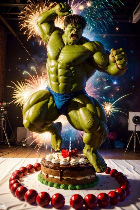 (dynamic pose:1.2),(dynamic camera),ete Davidson as hulk; jumping out of giant birthday cake 🎂 💥; explosive splatter, RAW photo, full sharp, (FullHD epic wallpaper) 8k uhd, dslr, soft lighting, high quality, film grain, Fujifilm XT3