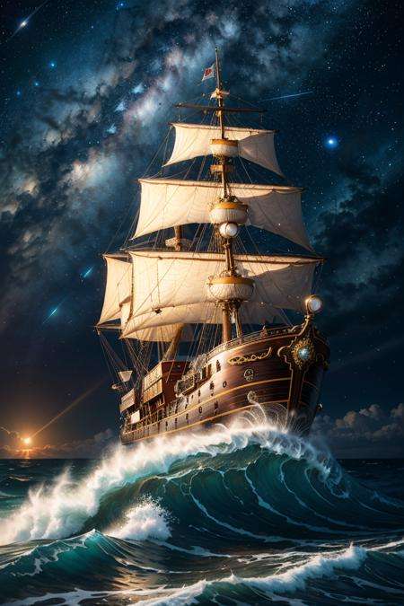 (realistic: 1.2), a steampunk ship on high sea, huge waves, starry night, on eye level, scenic,, RAW photo, full sharp, (FullHD epic wallpaper) 8k uhd, dslr, soft lighting, high quality, film grain, Fujifilm XT3