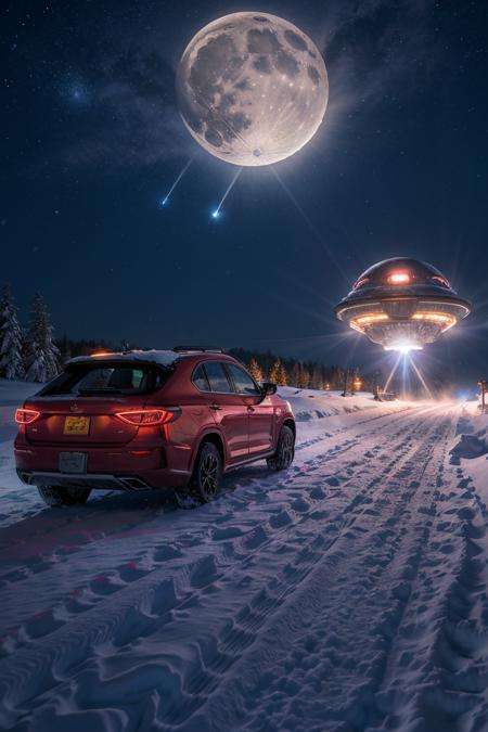 (dynamic pose:1.2),(dynamic camera),(night,moon),winter,red car riding on snow road,(snowstorm:1.3),(alien spaceship attack in the sky:1.2), RAW photo, full sharp, (FullHD epic wallpaper) 8k uhd, dslr, soft lighting, high quality, film grain, Fujifilm XT3