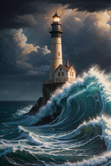 An ultra-detailed oil painting of a lighthouse surrounded by raging waves and stormy skies. (dramatic:1.4), (hyper-realistic), (highly detailed:1.5), (intricate details:1.2), (palette knife:1.2), (by Greg Manchess), (HDR:1.3), (intense:1.1), (cinematic lighting:1.3), (trending on CGsociety), (surreal:1.2), (high contrast:1.3), (oil painting texture:1.5), (dramatic shadows:1.2), perfect lighting, perfect shading,, RAW photo, full sharp, (FullHD epic wallpaper) 8k uhd, dslr, soft lighting, high quality, film grain, Fujifilm XT3