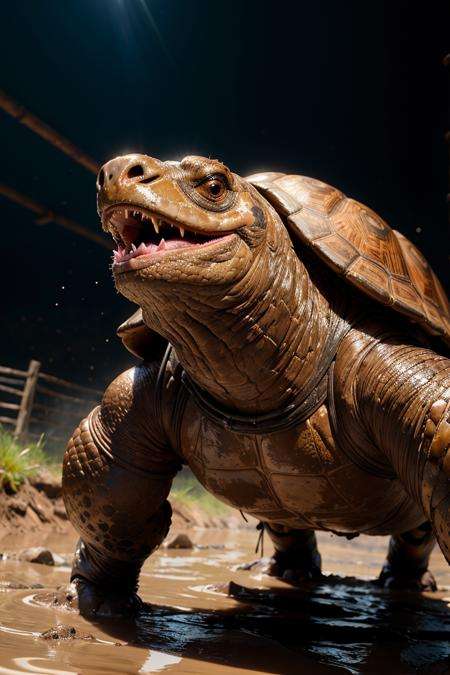 (dynamic pose:1.2),(dynamic camera),A determined tortoise with big, expressive eyes, mud-covered shell, and ribbon-entangled limbs crosses the finish line in triumph, RAW photo, full sharp, (FullHD epic wallpaper) 8k uhd, dslr, soft lighting, high quality, film grain, Fujifilm XT3