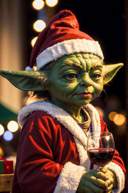 yoda,Christmas Hat,Holiday,Wine,Festival,, RAW photo, full sharp, (FullHD epic wallpaper) 8k uhd, dslr, soft lighting, high quality, film grain, Fujifilm XT3