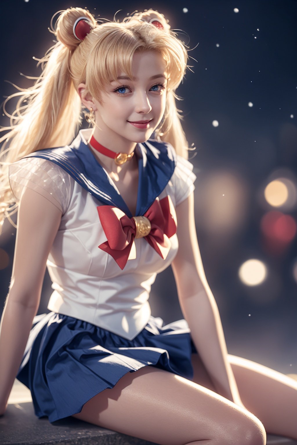 ((best quality)),((masterpiece)),  20-year-old girl, knee shot, smile, hair fluttering, 
sailor moon,(long hair),jewelry, sailor senshi uniform, blue sailor collar,((blonde hair)), (red choker, twintails, red bow, blue skirt, blue eyes, hair bun,sailor moon,tsukino usagi, bokeh), night sky background, moon, star, standard-breast,1girl, long hair,blonde hair, red choker,