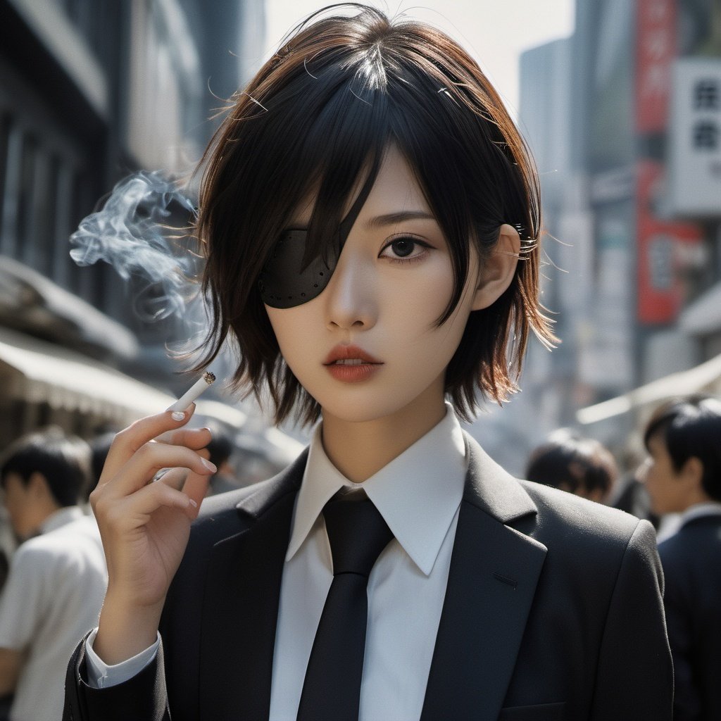 a (candid photo:1.4) of a beautiful japanese woman, age 30, himeno, chainsaw_man, wearing an eyepatch, wearing a white shirt and a necktie, wearing black pants, wearing a black suit, holding a cigarette, very crowded japanese crossing, very detailed skin, skin imperfections, (full body:1.5)