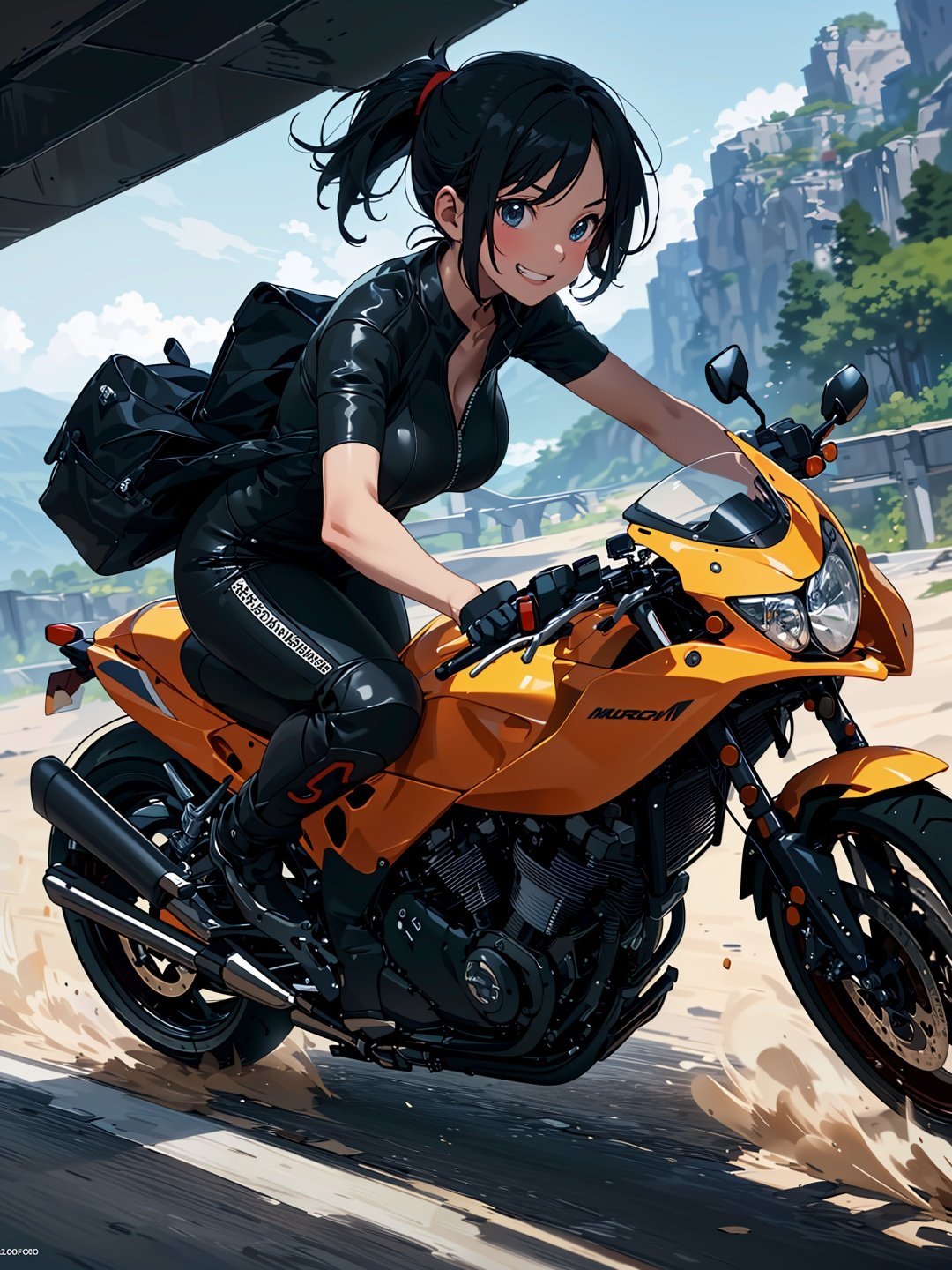 (anime,8k,masterpiece, top quality, best quality,beautiful and aesthetic:1.2,professional illustrasion:1.1,ultra detail:1.3,perfect lighting),extremely detailed,highest detailed,incredibly absurdres , highres, ultra detailed,intricate:1.6,BREAK(the mountains), A (speeding), (((motorcycle:1.3))), high speed,(slow motion:1.3),(Motion blur:1.3),(speed lines:1.4),((sense of speed:1.6)),(hang on) ,BREAK(1girl),(highly detailed beautiful face and eyes,firm breasts),oily skin,((black hair,short bob with short pony tail hair)),thin pubic hair,cute,lovely,light smile,bodysuit,whole body, character focus, front view, grin, smile,forward-bent posture