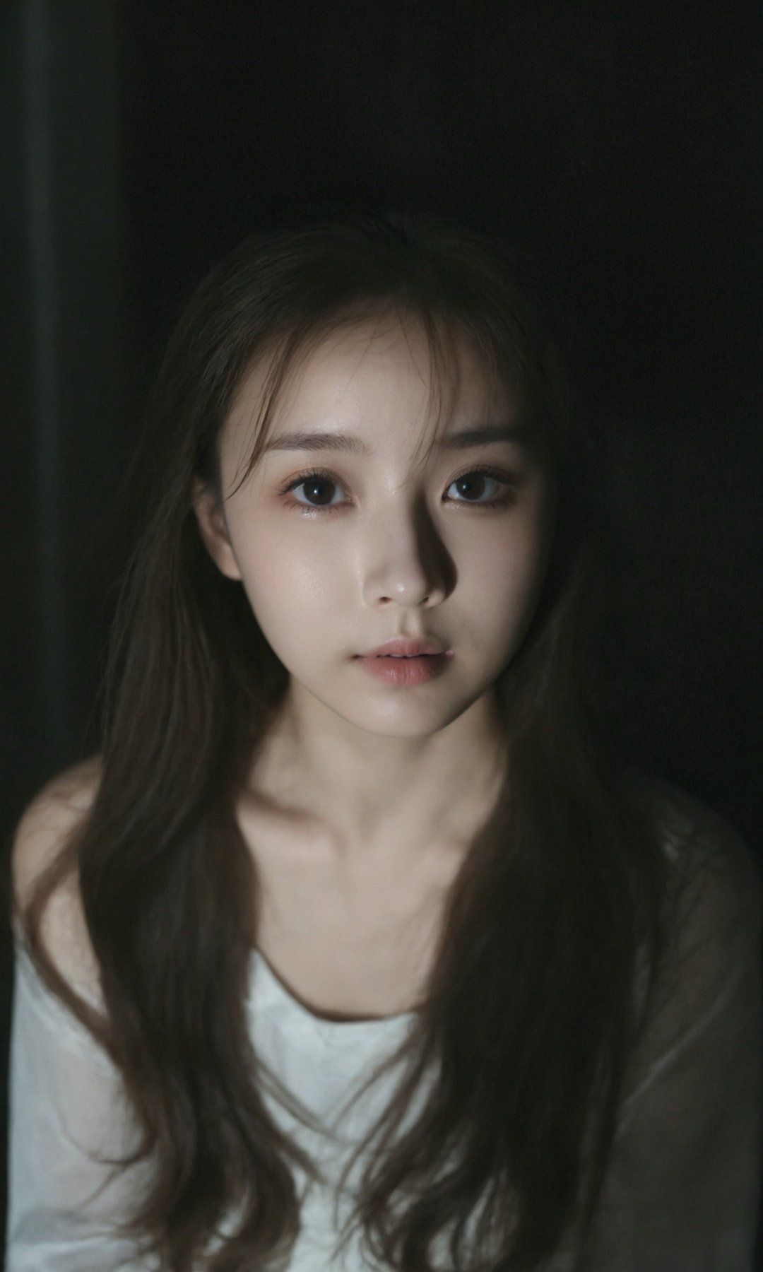 <lora:shou-xl:0.6>,(a cute girl:1.2),(solo:1.2),in the dark,reality,realistic,no make,white skin,:o,complex lighting,