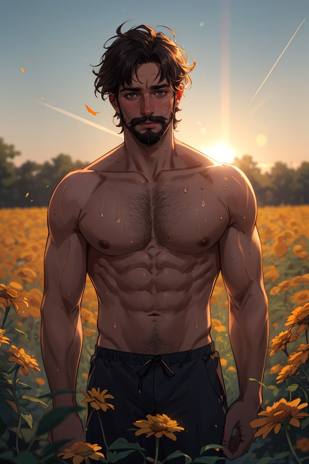 marigold field,facial hair, sunbeam, topless male, sweat, depth of field, 