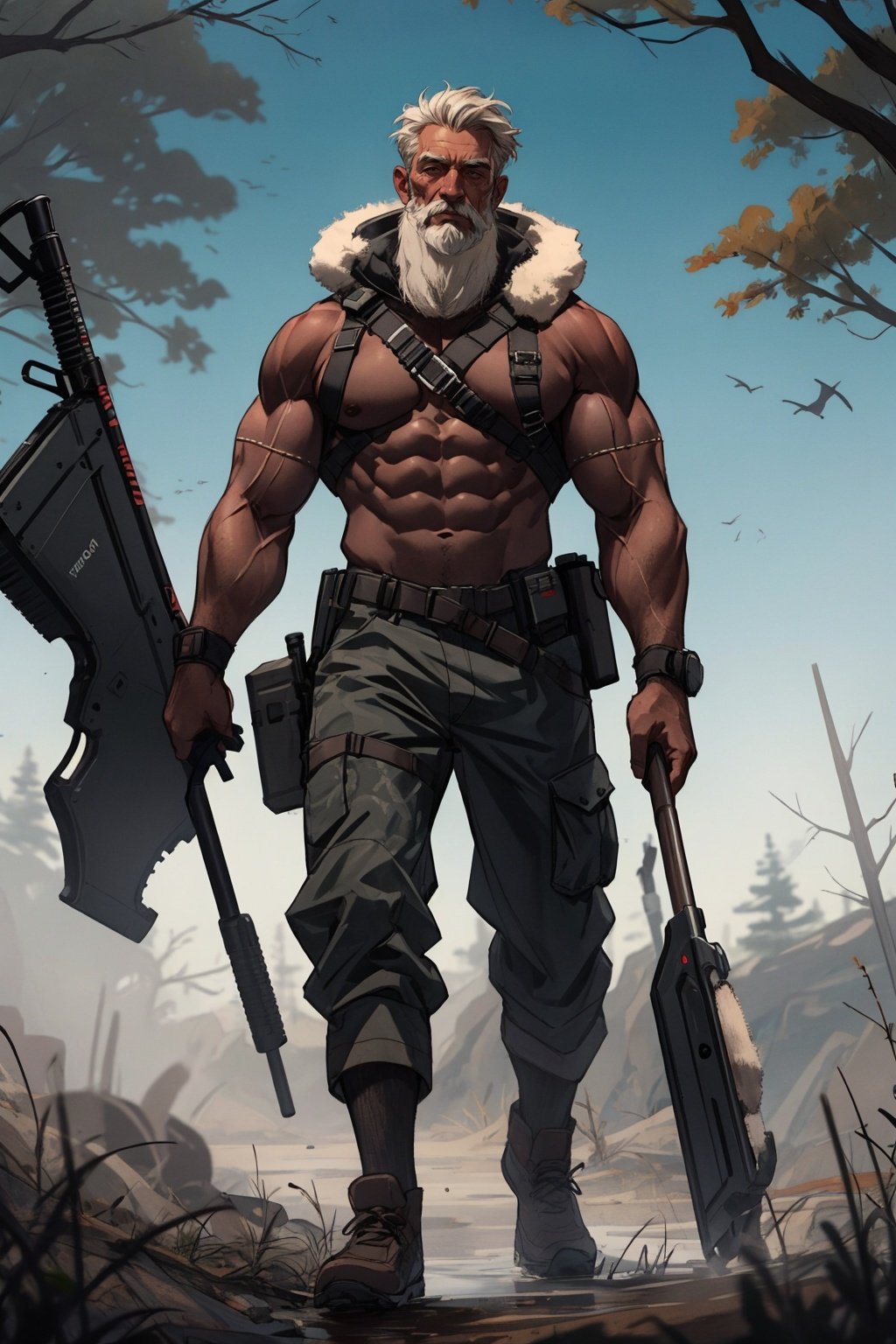 old hunter,muscular ,wild,equipment