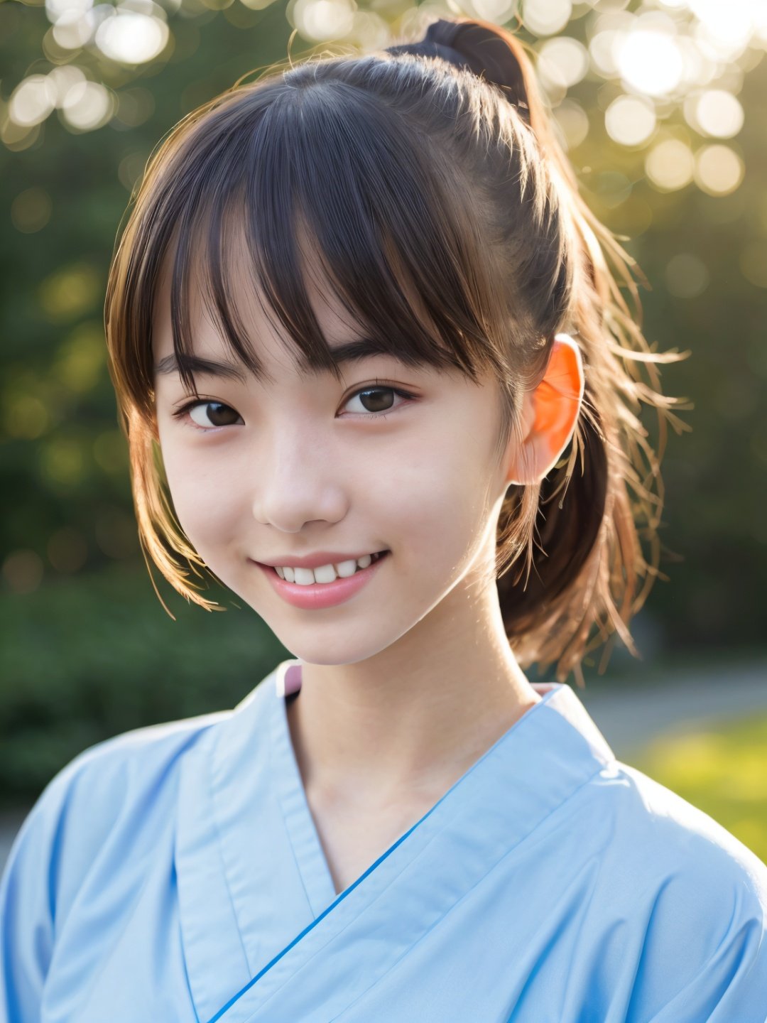 a perfect half-body portrait photo of a Top model Japanese teenager, upper body framing, (age 15-18:1.7), (fashion model posing:1.2), gorgeous face, (perky small breast:1.2), smooth soft skin, perfect detail , looking at viewer, make up, (petite girl, short girl, slender girl, skinny girl, very slim:1.2), ponytail, (white yukata:1.2),
bright background, outdoors, (smile:1.1),
soft studio lighting, depth of field, intricate shadows, bokeh, highly detailed face, photorealistic, (looking into camera), (wind:0.8), (from side:0.4), perfect hands with perfect fingers, nsfw, jailbait, loli, lolita,reiyomatsumoto