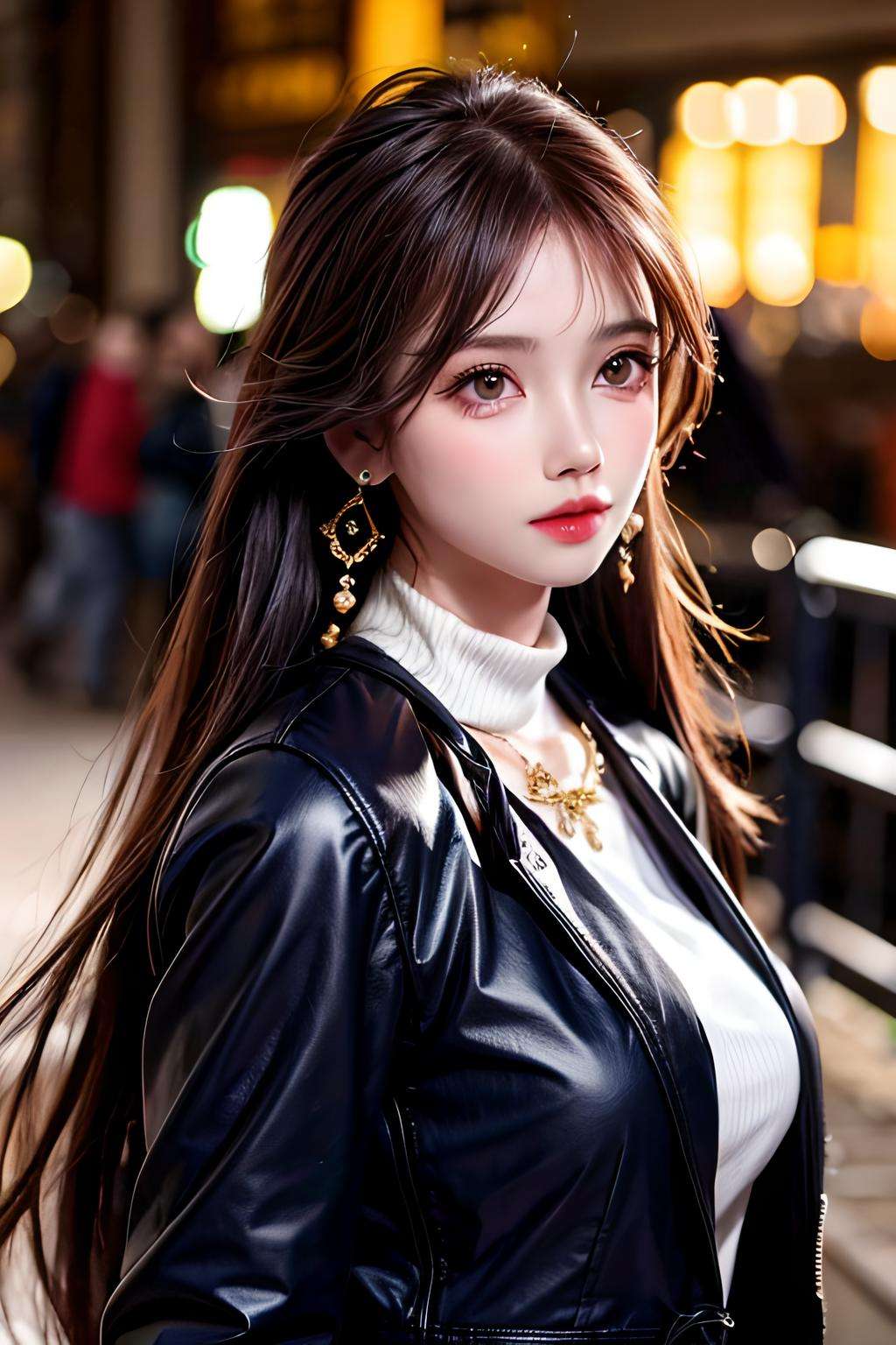 masterpiece, best quality, 8k, ultra highres, realistic,1girl, blurry, jewelry, long hair, earrings, blurry background, outdoors, upper body, solo focus, night, parted lips, lips, brown hair, black eyes, fireworks, coat, looking to the side, solo, looking away, depth of field, jacket,real light and shadow, <lora:fanfan:0.8><lora:add_detail:1>