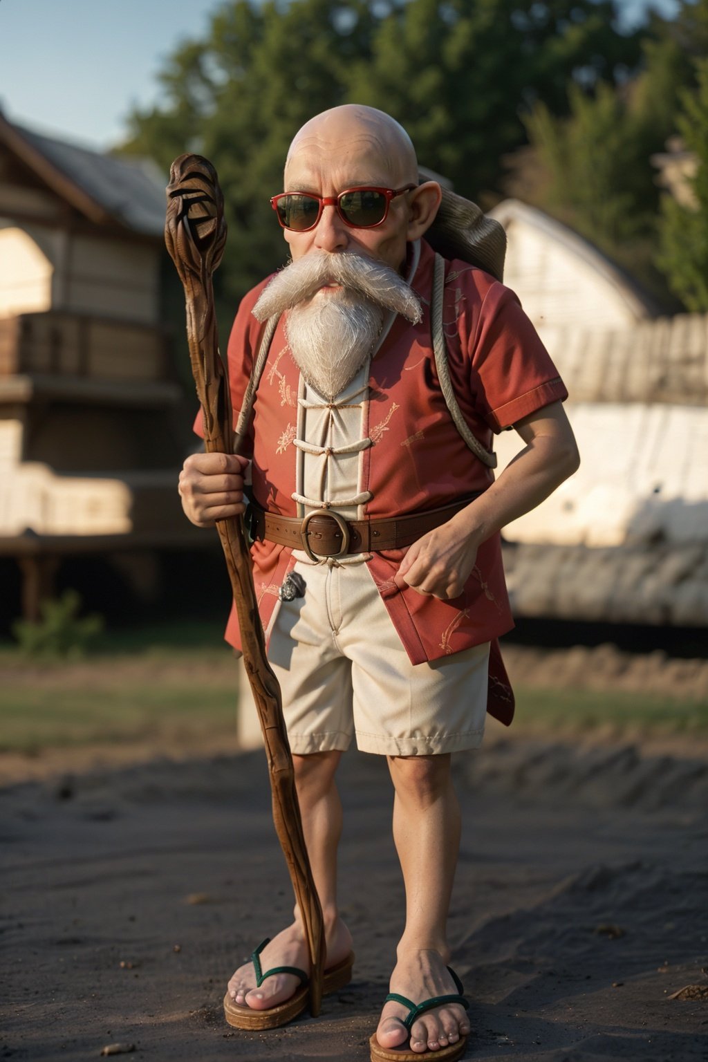 cinematic film still cinematic photo k4k3k,, facial hair, sunglasses, beard, bald, old, old man, white hair, ((dwarf)),mustache, staff, shirt, shorts, holding, standing, orange chinese clothes, pants, bag, sandals, holding staff, <lora:k4k3k-04:1> . 35mm photograph, film, bokeh, professional, 4k, highly detailed . shallow depth of field, vignette, highly detailed, high budget Hollywood movie, bokeh, cinemascope, moody, epic, gorgeous, film grain, grainy