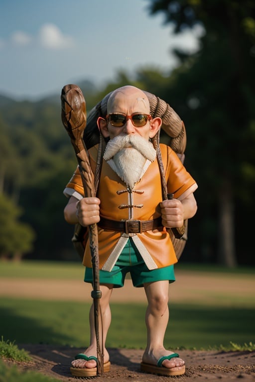 cinematic photo cinematic film still k4k3k, facial hair, sunglasses, beard, bald, old, old man, white hair, ((dwarf)),mustache, staff, shirt, shorts, holding, standing, orange chinese clothes, pants, bag, sandals, holding staff ,<lora:k4k3k-03:1> . shallow depth of field, vignette, highly detailed, high budget Hollywood movie, bokeh, cinemascope, moody, epic, gorgeous, film grain, grainy . 35mm photograph, film, bokeh, professional, 4k, highly detailed