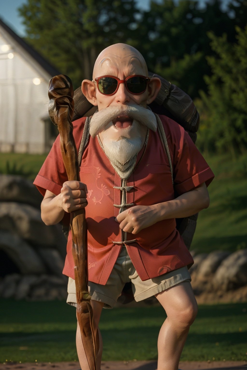cinematic film still cinematic photo k4k3k,open mouth, facial hair, sunglasses, beard, bald, old, old man, white hair, ((dwarf)),mustache, staff, shirt, shorts, holding, standing, orange chinese clothes, pants, bag, sandals, holding staff, <lora:k4k3k-04:1> . 35mm photograph, film, bokeh, professional, 4k, highly detailed . shallow depth of field, vignette, highly detailed, high budget Hollywood movie, bokeh, cinemascope, moody, epic, gorgeous, film grain, grainy