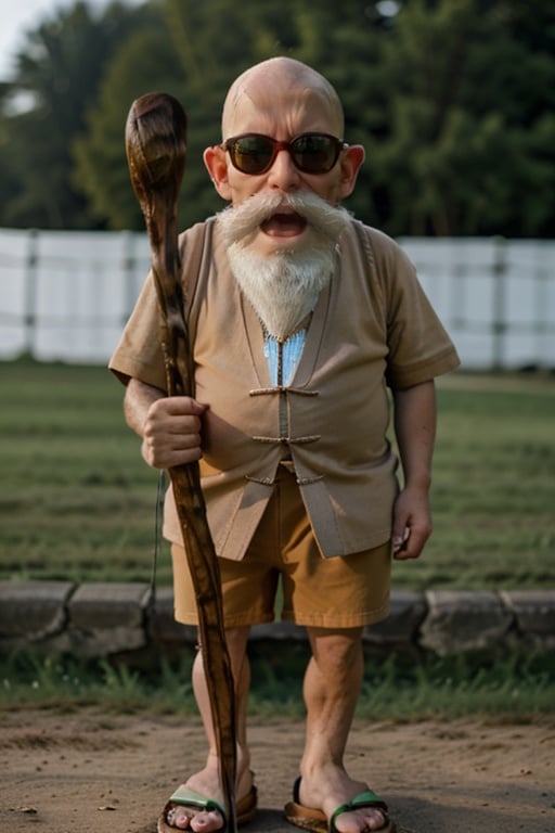 cinematic film still cinematic photo k4k3k,open mouth, facial hair, sunglasses, beard, bald, old, old man, white hair, ((dwarf)),mustache, staff, shirt, shorts, holding, standing, orange chinese clothes, pants, bag, sandals, holding staff ,<lora:k4k3k-04:1> . 35mm photograph, film, bokeh, professional, 4k, highly detailed . shallow depth of field, vignette, highly detailed, high budget Hollywood movie, bokeh, cinemascope, moody, epic, gorgeous, film grain, grainy