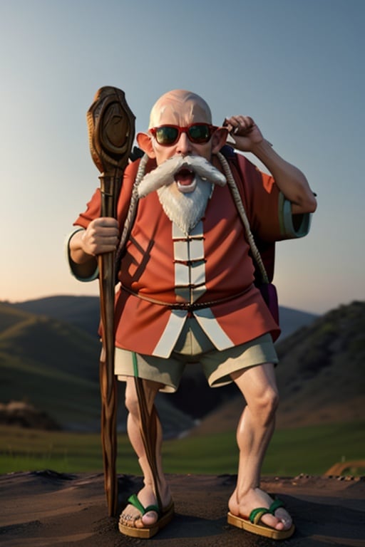 cinematic film still cinematic photo k4k3k,open mouth, facial hair, sunglasses, beard, bald, old, old man, white hair, ((dwarf)),mustache, staff, shirt, shorts, holding, standing, orange chinese clothes, pants, bag, sandals, holding staff ,<lora:k4k3k-04:1> . 35mm photograph, film, bokeh, professional, 4k, highly detailed . shallow depth of field, vignette, highly detailed, high budget Hollywood movie, bokeh, cinemascope, moody, epic, gorgeous, film grain, grainy
