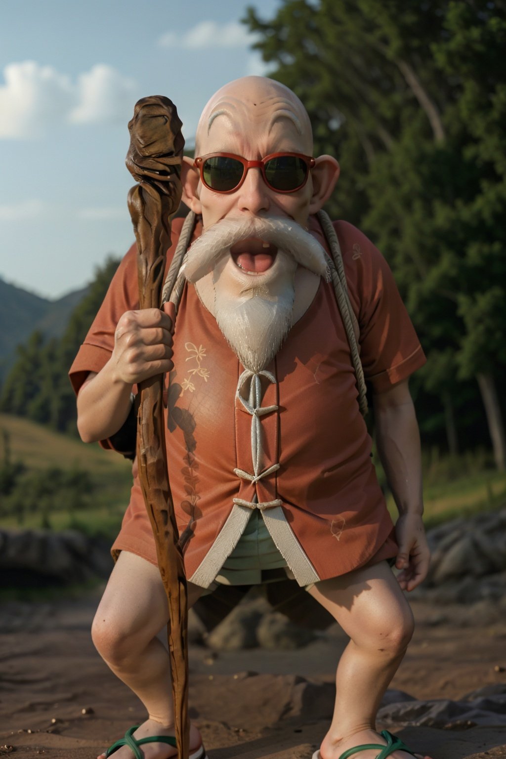 cinematic film still cinematic photo k4k3k,open mouth, facial hair, sunglasses, beard, bald, old, old man, white hair, ((dwarf)),mustache, staff, shirt, shorts, holding, standing, orange chinese clothes, pants, bag, sandals, holding staff, <lora:k4k3k-04:1> . 35mm photograph, film, bokeh, professional, 4k, highly detailed . shallow depth of field, vignette, highly detailed, high budget Hollywood movie, bokeh, cinemascope, moody, epic, gorgeous, film grain, grainy