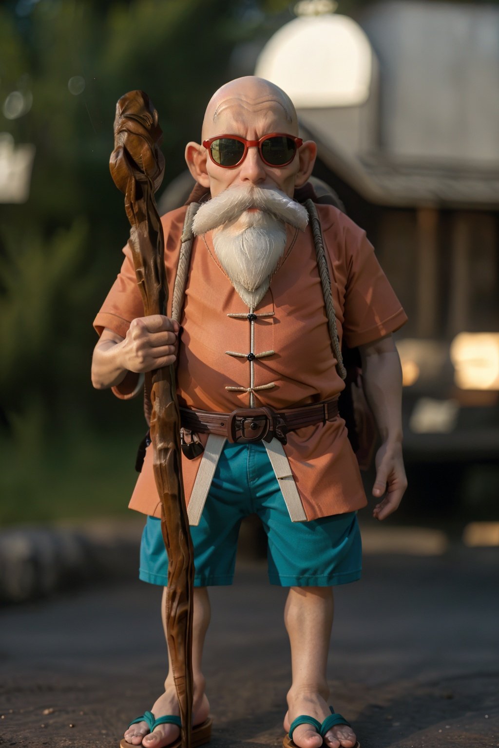 cinematic film still cinematic photo k4k3k,, facial hair, sunglasses, beard, bald, old, old man, white hair, ((dwarf)),mustache, staff, shirt, shorts, holding, standing, orange chinese clothes, pants, bag, sandals, holding staff, <lora:k4k3k-04:1> . 35mm photograph, film, bokeh, professional, 4k, highly detailed . shallow depth of field, vignette, highly detailed, high budget Hollywood movie, bokeh, cinemascope, moody, epic, gorgeous, film grain, grainy