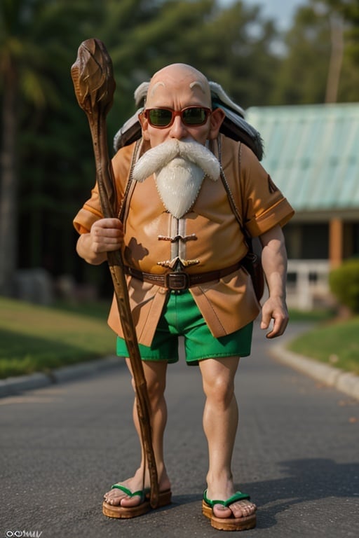 cinematic film still k4k3k, facial hair, sunglasses, beard, bald, old, old man, white hair, ((dwarf)),mustache, staff, shirt, shorts, holding, standing, orange chinese clothes, pants, bag, sandals, holding staff ,<lora:k4k3k-03:1> . shallow depth of field, vignette, highly detailed, high budget Hollywood movie, bokeh, cinemascope, moody, epic, gorgeous, film grain, grainy