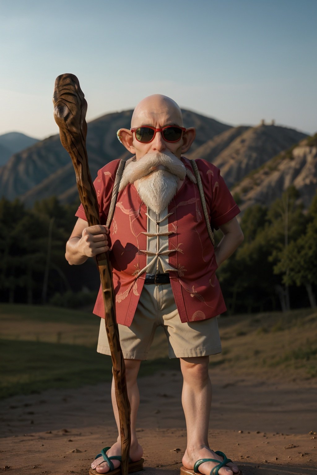 cinematic film still cinematic photo k4k3k,, facial hair, sunglasses, beard, bald, old, old man, white hair, ((dwarf)),mustache, staff, shirt, shorts, holding, standing, orange chinese clothes, pants, bag, sandals, holding staff, <lora:k4k3k-04:1> . 35mm photograph, film, bokeh, professional, 4k, highly detailed . shallow depth of field, vignette, highly detailed, high budget Hollywood movie, bokeh, cinemascope, moody, epic, gorgeous, film grain, grainy