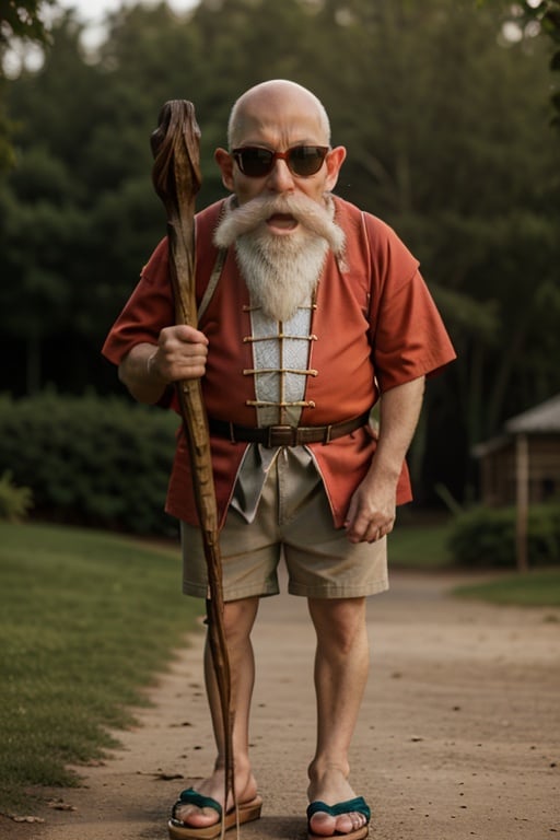 cinematic film still cinematic photo k4k3k,open mouth, facial hair, sunglasses, beard, bald, old, old man, white hair, ((dwarf)),mustache, staff, shirt, shorts, holding, standing, orange chinese clothes, pants, bag, sandals, holding staff ,<lora:k4k3k-04:0.8> . 35mm photograph, film, bokeh, professional, 4k, highly detailed . shallow depth of field, vignette, highly detailed, high budget Hollywood movie, bokeh, cinemascope, moody, epic, gorgeous, film grain, grainy