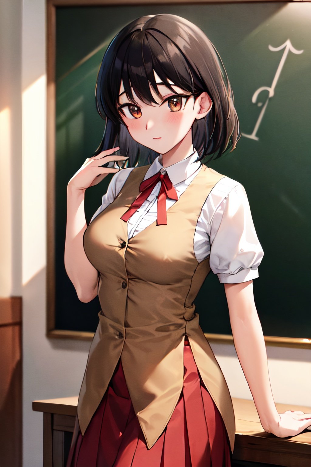 masterpiece, best quality, highres, yakumo, bob cut, school uniform, red skirt