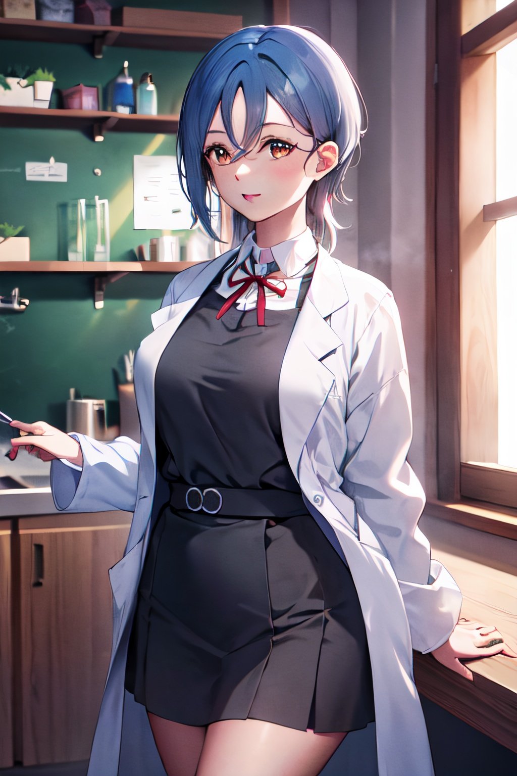 masterpiece, best quality, highres, shiki, blue hair, school uniform, lab coat