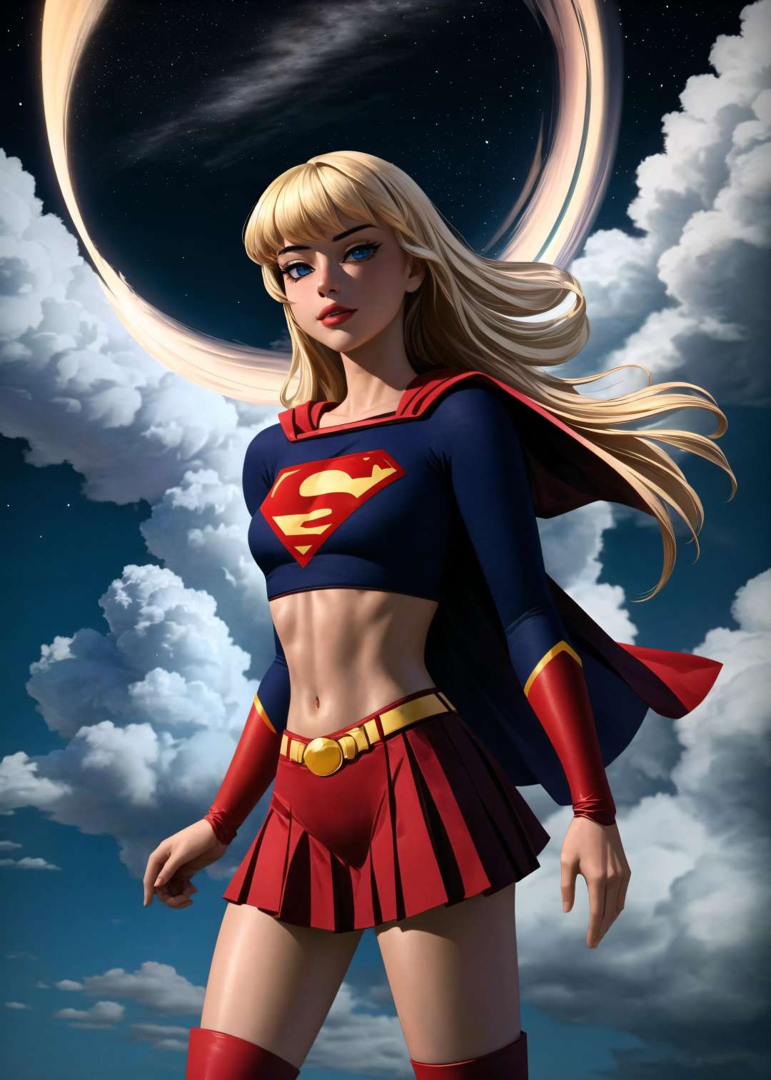 (cowboy shot), sfw, (masterpiece), (best quality:1.0), (ultra highres:1.0), detailed eyes,BREAK<lora:Supergirl_Galatea:0.7>  Supergirl, 1girl, long blonde hair, midriff,blue crop top, long sleeves, blue pleated skirt, red cape, knee-high bootsBREAK(starry sky, outer-space, gorgeous view)    