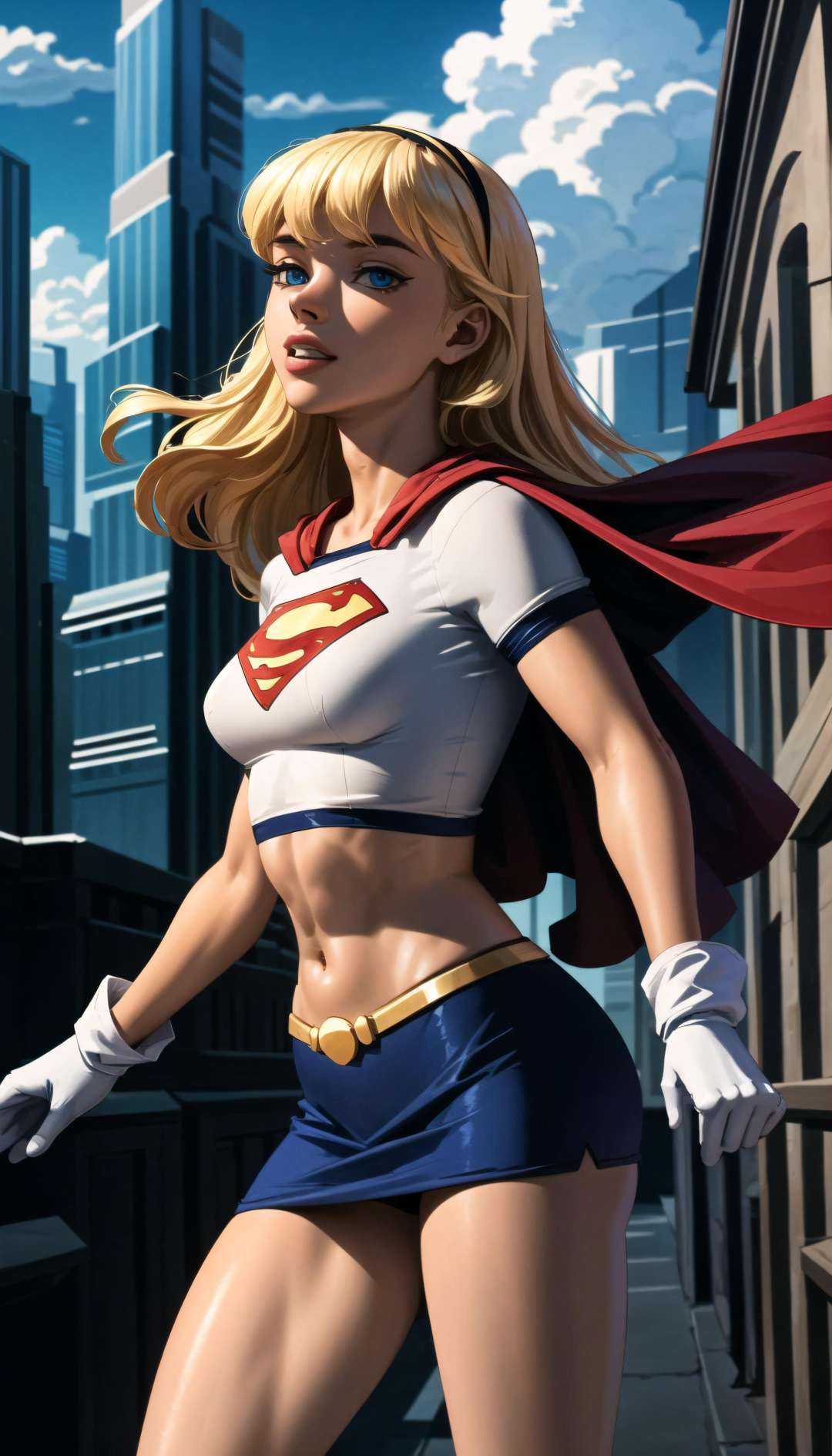 (cowboy shot), sfw, (masterpiece), (best quality:1.0), (ultra highres:1.0), detailed eyes,BREAK<lora:Supergirl_Galatea:0.7>  Supergirl, 1girl, long blonde hair, midair, flyinghairband, \(white\) crop top, short sleeves, cape, blue pencil skirt, gloves, bootsBREAK(clouds, city, gorgeous view)   