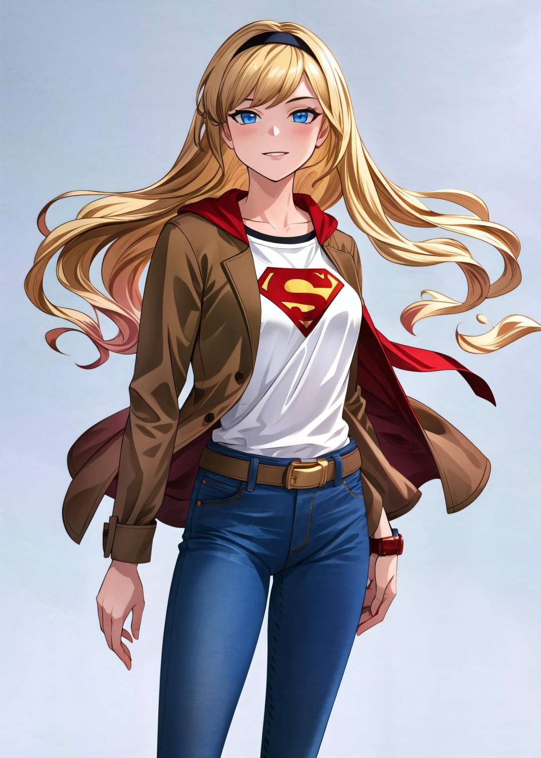 (cowboy shot), sfw, (masterpiece), (best quality:1.0), (ultra highres:1.0), detailed eyes,BREAK<lora:Supergirl_Galatea:0.6> Supergirl, 1girl, long blonde hair, posing<lora:granblue, minaba_hideo_offset:1> granblue, minaba_hideo_offset(brown jacket), blue jeans, watch, hairbandBREAK(gradient background)           