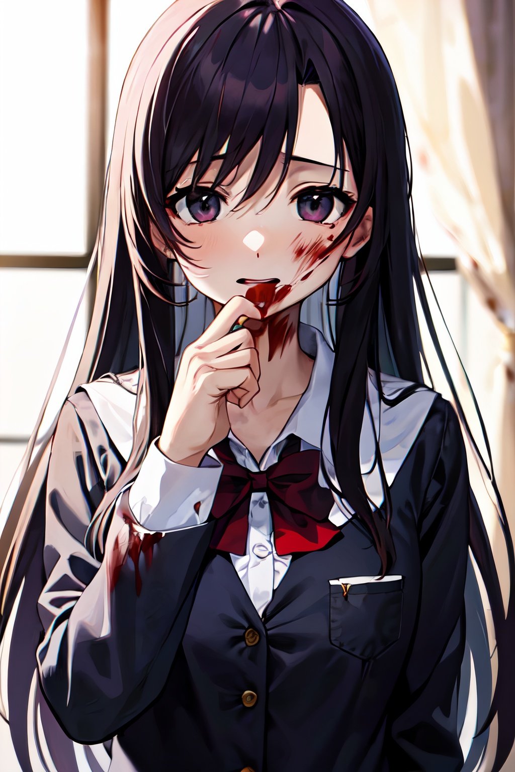 masterpiece, best quality, highres, kotonoha, long hair, school uniform, blood on face