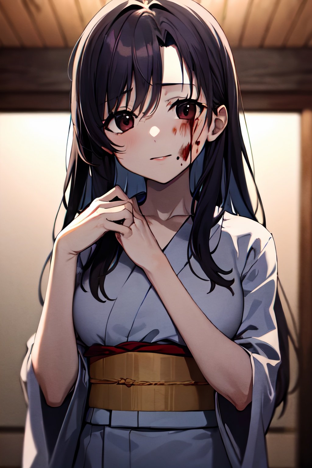 masterpiece, best quality, highres, kotonoha, long hair, yukata, blood on face