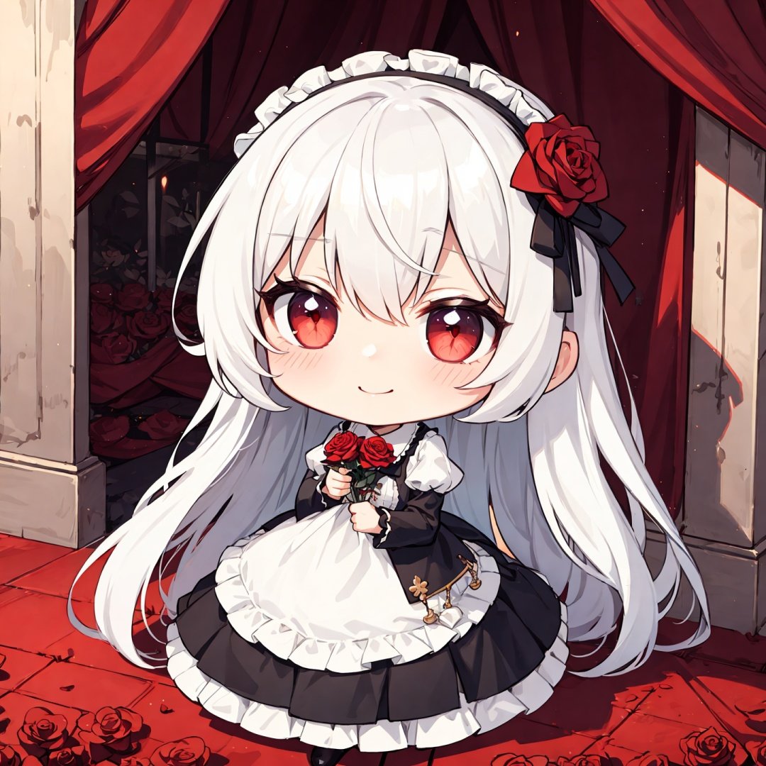 photo, full body close-up, roses, flowers,((chibi)), smile, red pupils, white hair, lolita dress, dreamy scene, art