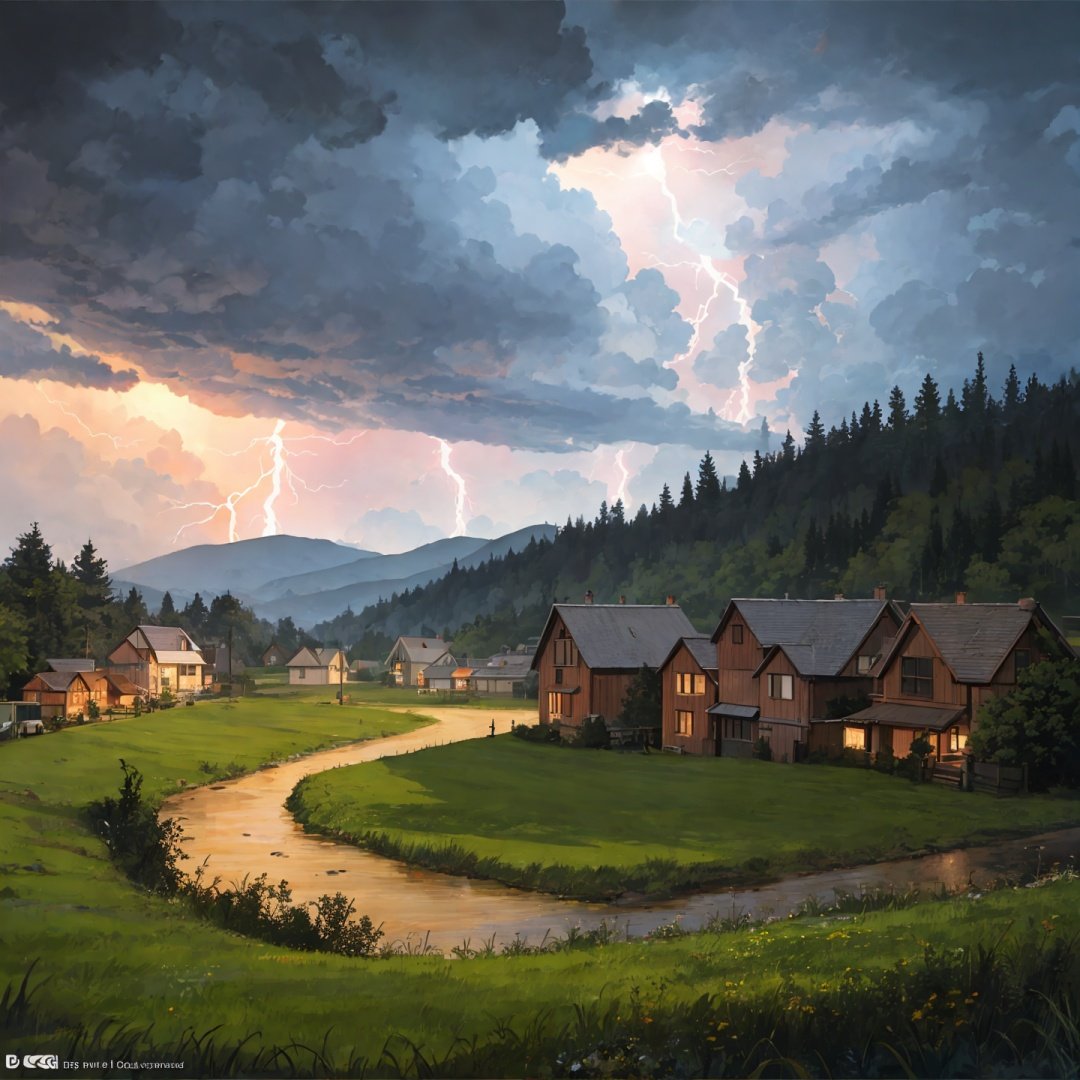 Photographs, realistic landscapes, villages, lightning, dark clouds, hillsides, storms