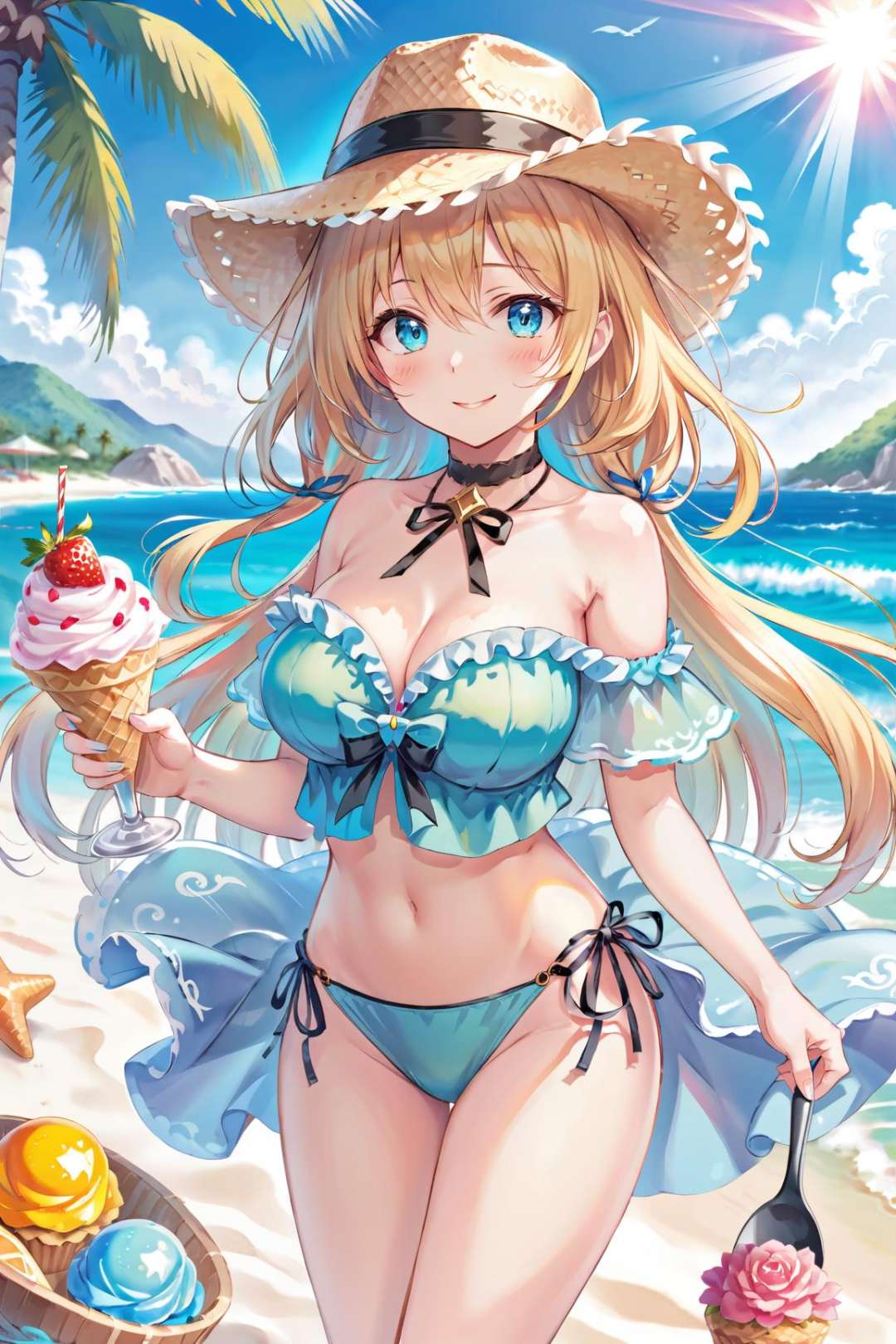 ultra-detailed,(best quality),((masterpiece)),(highres),original,extremely detailed 8K wallpaper,(an extremely delicate and beautiful),best handanime1girl, bikini, solo, swimsuit, outdoors, food, day, breasts, hat, holding, collarbone, looking at viewer, blue bikini, sunlight, halterneck, flower, ribbon, cleavage, ice cream, ocean, open clothes, beach, off shoulder, front-tie top, medium breasts, smile, straw hat, spoon, navel, front-tie bikini top, bare shoulders, ice cream cone, nail polish, cowboy shot, bangs, hat flower, frilled bikini, water, sidelocks, shirt, hair ribbon, holding food, blue sky, holding spoon, open shirt, sky, standing, blush, black ribbon, blonde hair, cloud, stomach, closed mouth, frills, sun hat, white shirt, light rays, hair ornament, aqua eyes, hat ribbon, tree, sand, hands up, floral print, blurry, green nails, see-through, sunbeam, blue eyes, lens flare, red flower, medium hair, blue nails, horizon, white flower, fingernails, yellow flower, groin, aqua nails, dessert, depth of field, palm tree