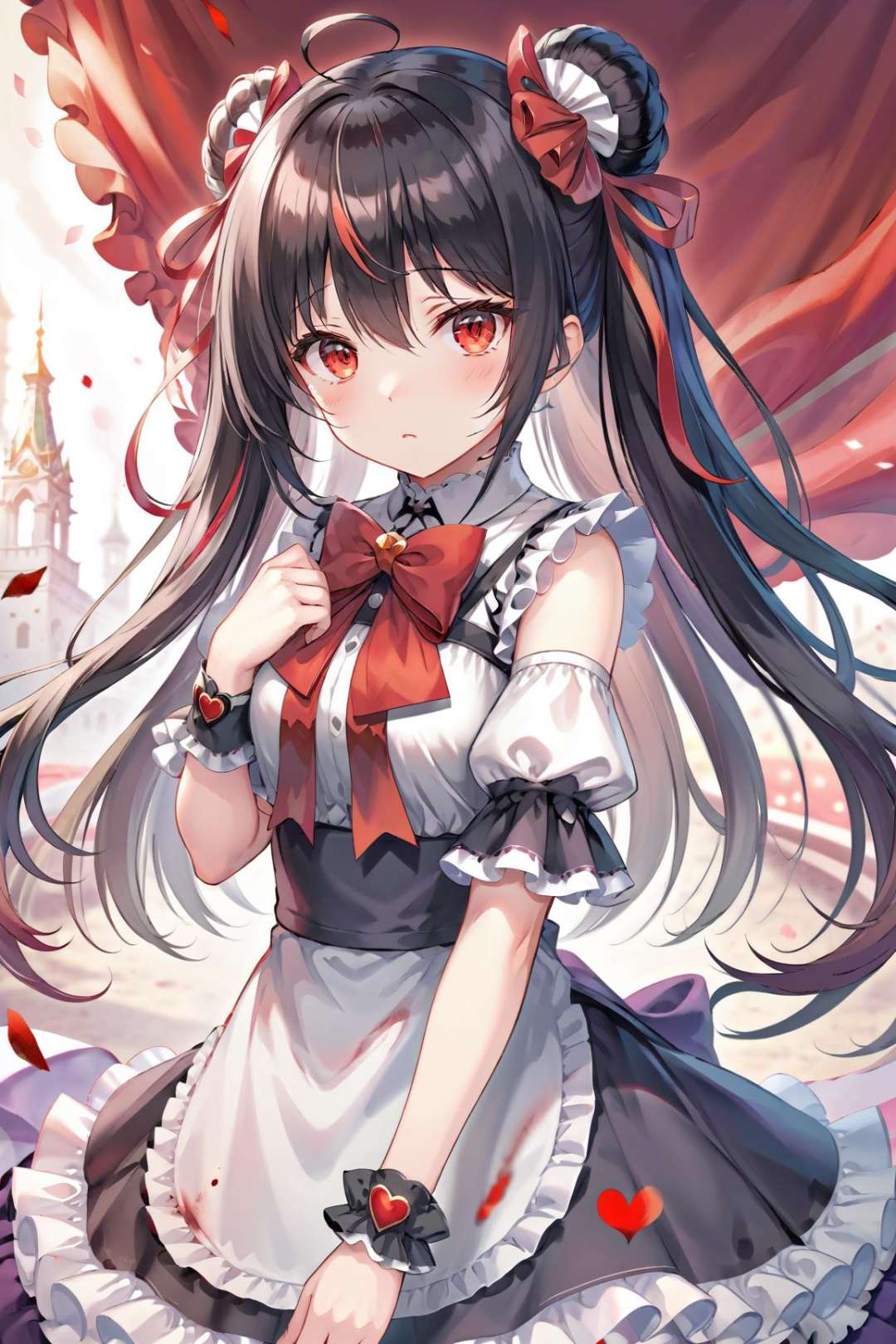 ultra-detailed,(best quality),((masterpiece)),(highres),original,extremely detailed 8K wallpaper,(an extremely delicate and beautiful),best handanime (动漫)bandaged arm, red eyes, 1girl, frills, hair ornament, bandages, blood, bow, black hair, looking at viewer, blood on face, collar, twintails, red bow, center frills, ahoge, hairclip, ribbon, hair bow, torn clothes, blurry background, hair between eyes, bangs, shirt, heart, short sleeves, bandaid, solo focus, choker, blurry, closed mouth, bandaged neck, red ribbon, collarbone, medium hair