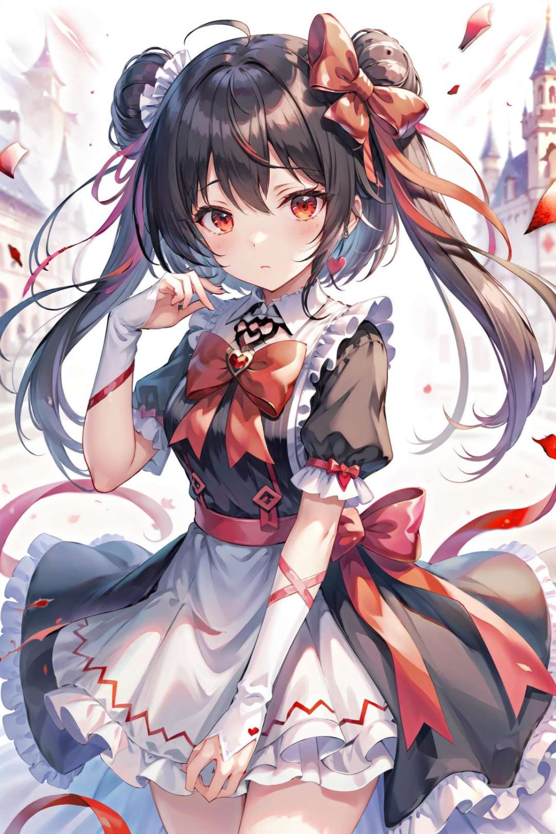 ultra-detailed,(best quality),((masterpiece)),(highres),original,extremely detailed 8K wallpaper,(an extremely delicate and beautiful), animebandaged arm, red eyes, 1girl, frills, hair ornament, bandages, blood, bow, black hair, looking at viewer, collar, twintails, red bow, center frills, ahoge, hairclip, ribbon, hair bow, torn clothes, blurry background, hair between eyes, bangs, shirt, heart, short sleeves, bandaid, solo focus, choker, blurry, closed mouth, bandaged neck, red ribbon, collarbone, medium hair